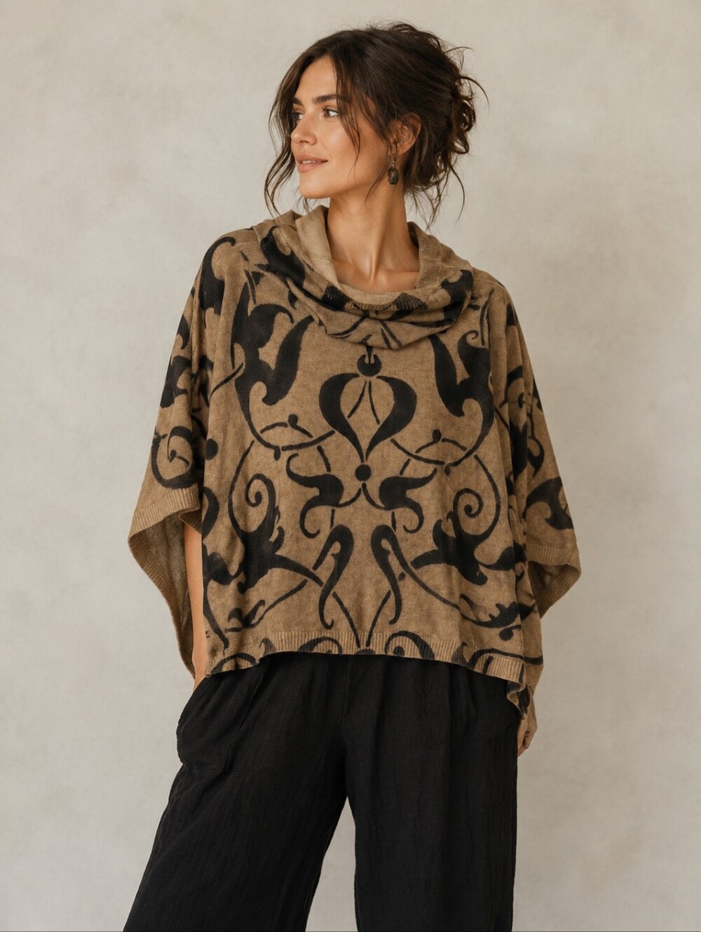 Cynthia Ashby Abstract Print Cotton Knit Poncho Sweater One Size
